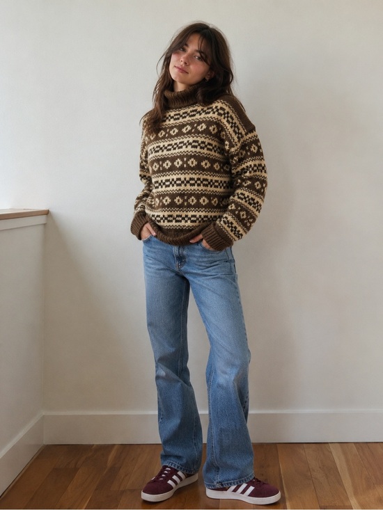 Sweaters - Handmade Brown Patterned wool  Turtleneck Sweater size S/M